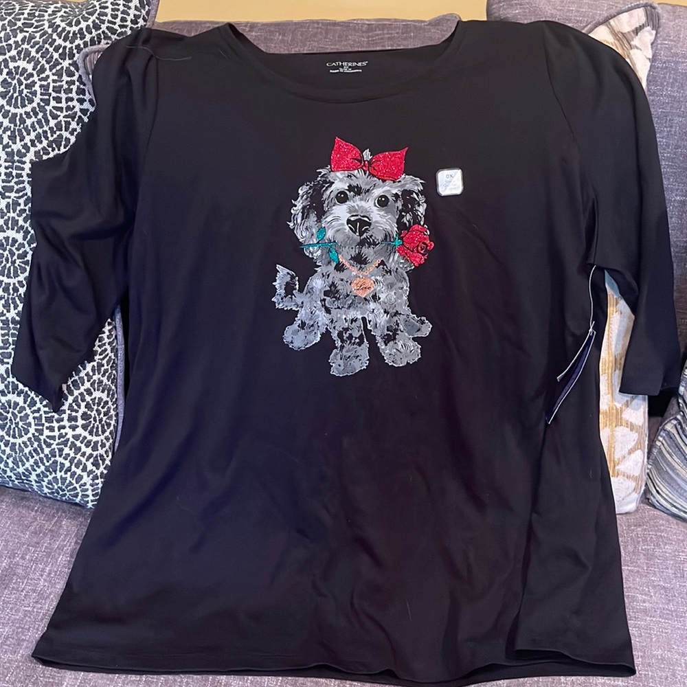 Sparkle May Fade black 3/4 sleeve shirt with dog (rose in mouth) size OX